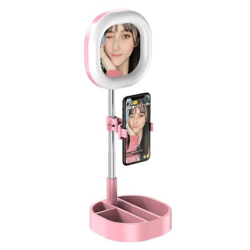 Lampa circulara de machiaj cu oglinda si suport telefon/accesorii, roz